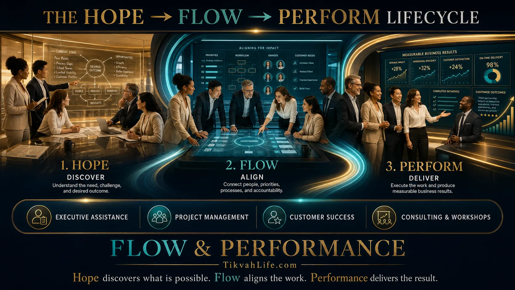 The Hope, Flow, Perform Lifecycle from Flow & Performance: Hope discovers what is possible, Flow aligns the work, Performance delivers the result — across Executive Assistance, Project Management, Customer Success, and Consulting & Workshops.